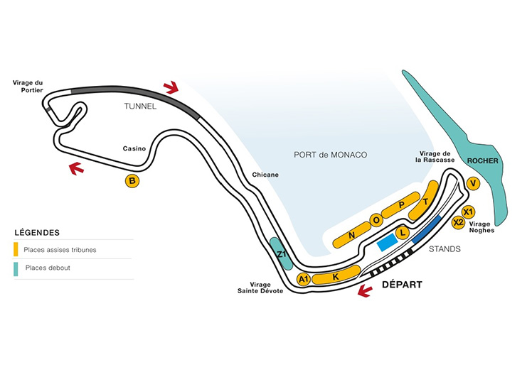 Plan du circuit de formule 1 de Monaco et vue des tribunes