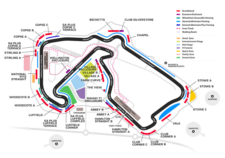 Plan du circuit et des tribunes du circuit de formule 1 de Silverstone
